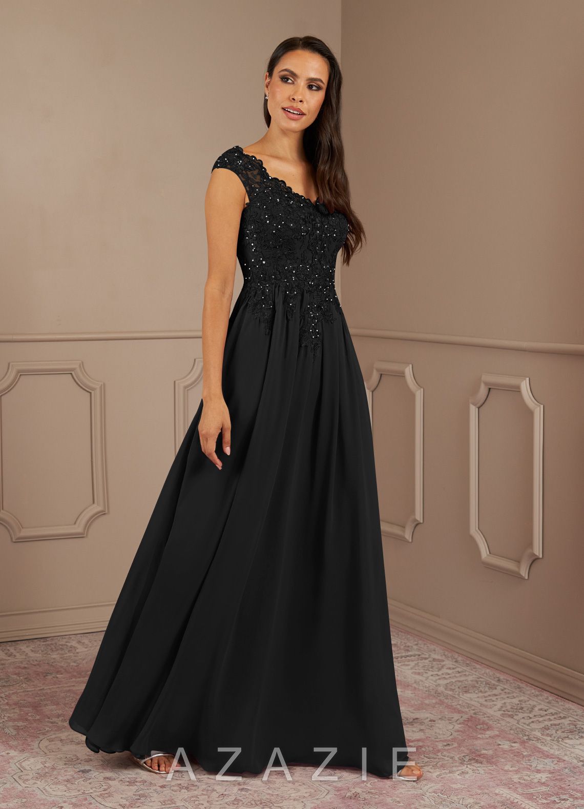Azazie Amethyst Black A-Line V-Neck Sequins Chiffon Dress black