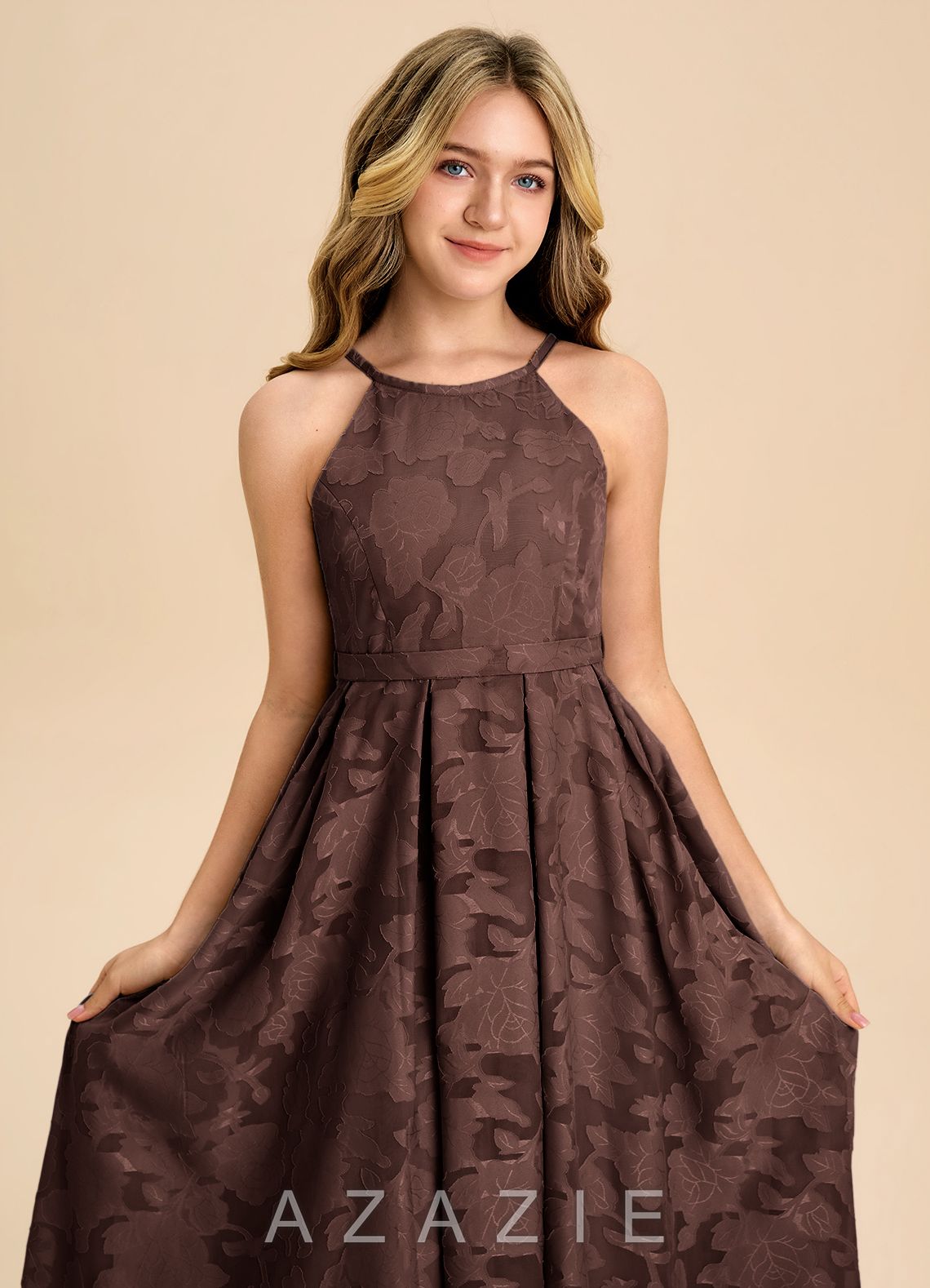Azazie Arianthe Junior Ganache A-Line Pleated Floral Burnout Dress ganache
