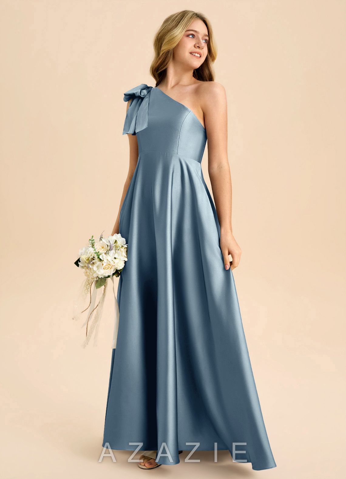 Azazie Penguin Junior Dusty Blue A-Line Bow Stretch Satin Dress dusty_blue