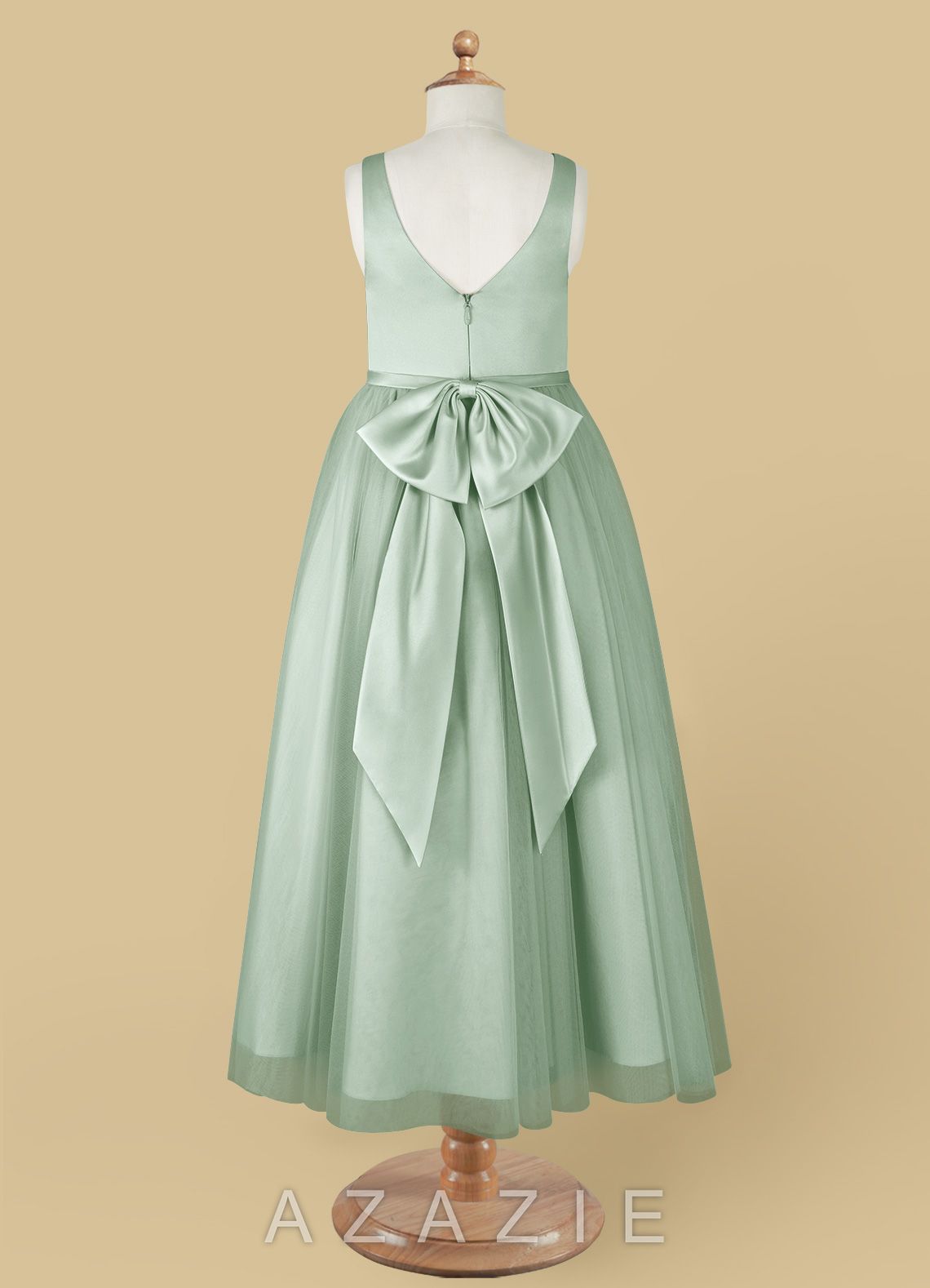 Azazie Marybell Agave A-Line Bow Tulle Dress agave