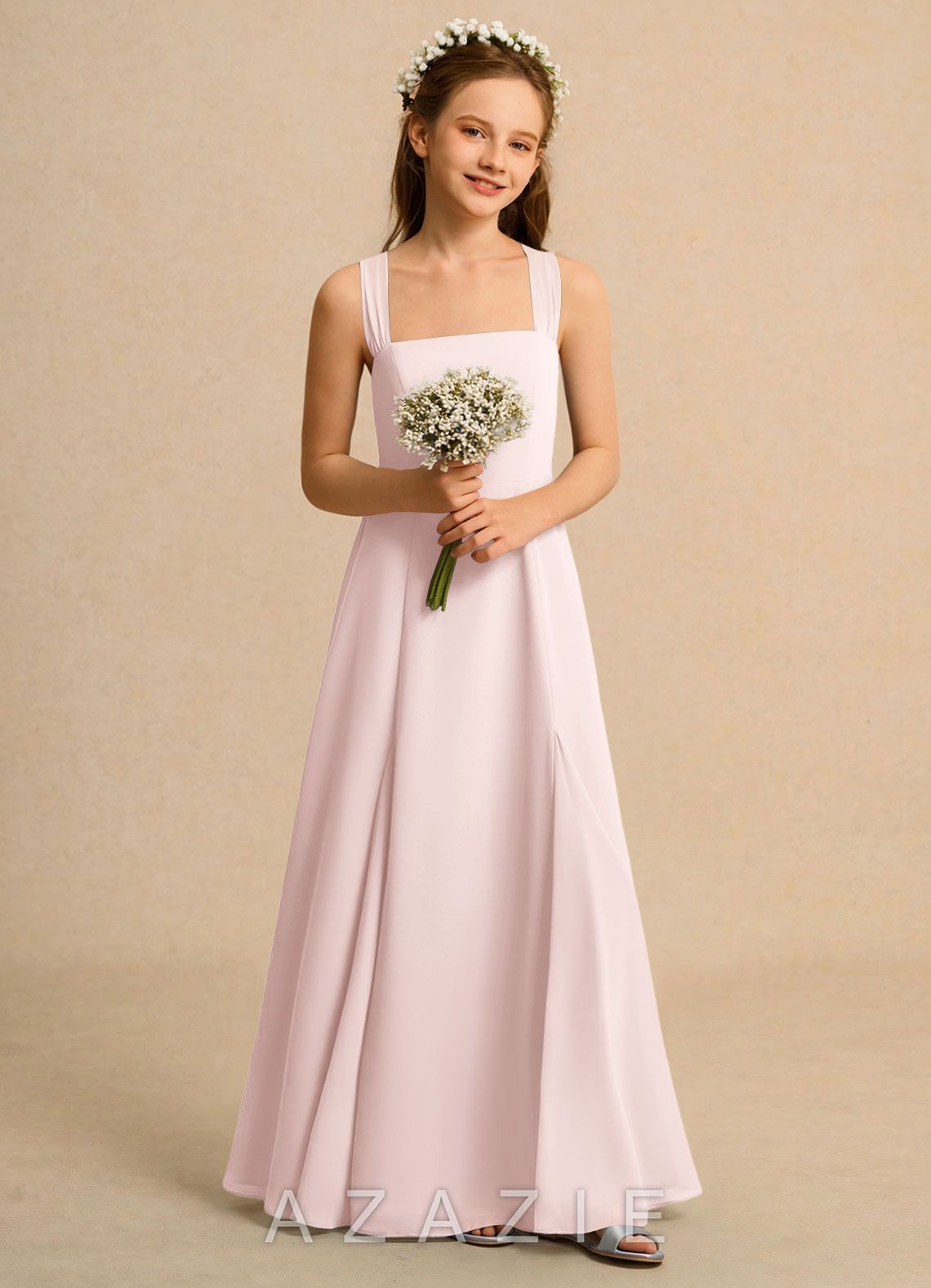 Azazie Tater Girls Formal Blushing Pink A-Line Pleated Chiffon Dress blushing_pink