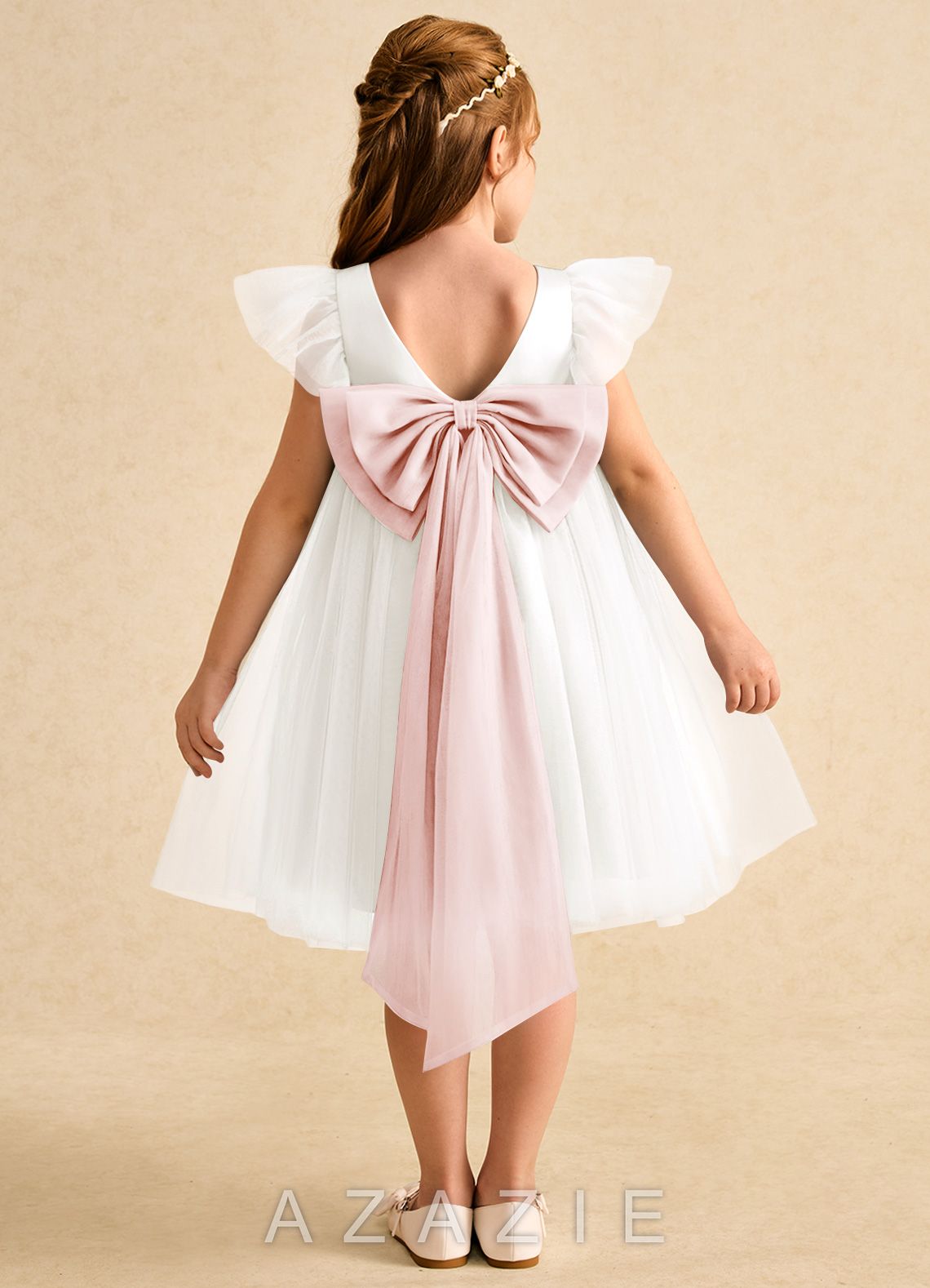 Azazie Munchkin Ivory Blushing Pink A-Line Bow Tulle Dress