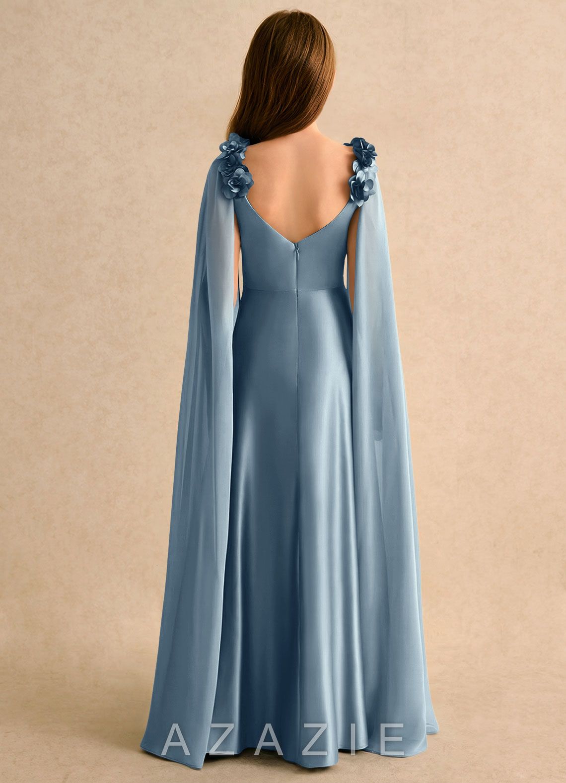 Azazie Rosita Girls Formal Dusty Blue A-Line Pleated Stretch Satin Dress dusty_blue