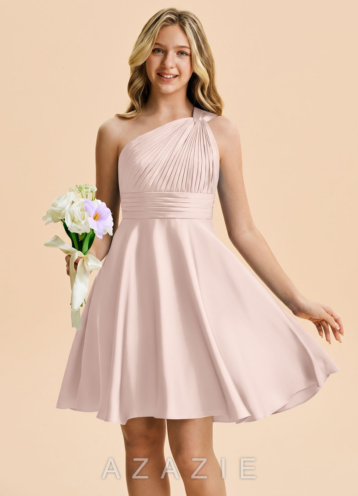 Azazie Charlize Junior Blushing Pink A-Line Pleated Stretch Satin Dress