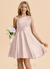 Azazie Charlize Junior Blushing Pink A-Line Pleated Stretch Satin Dress