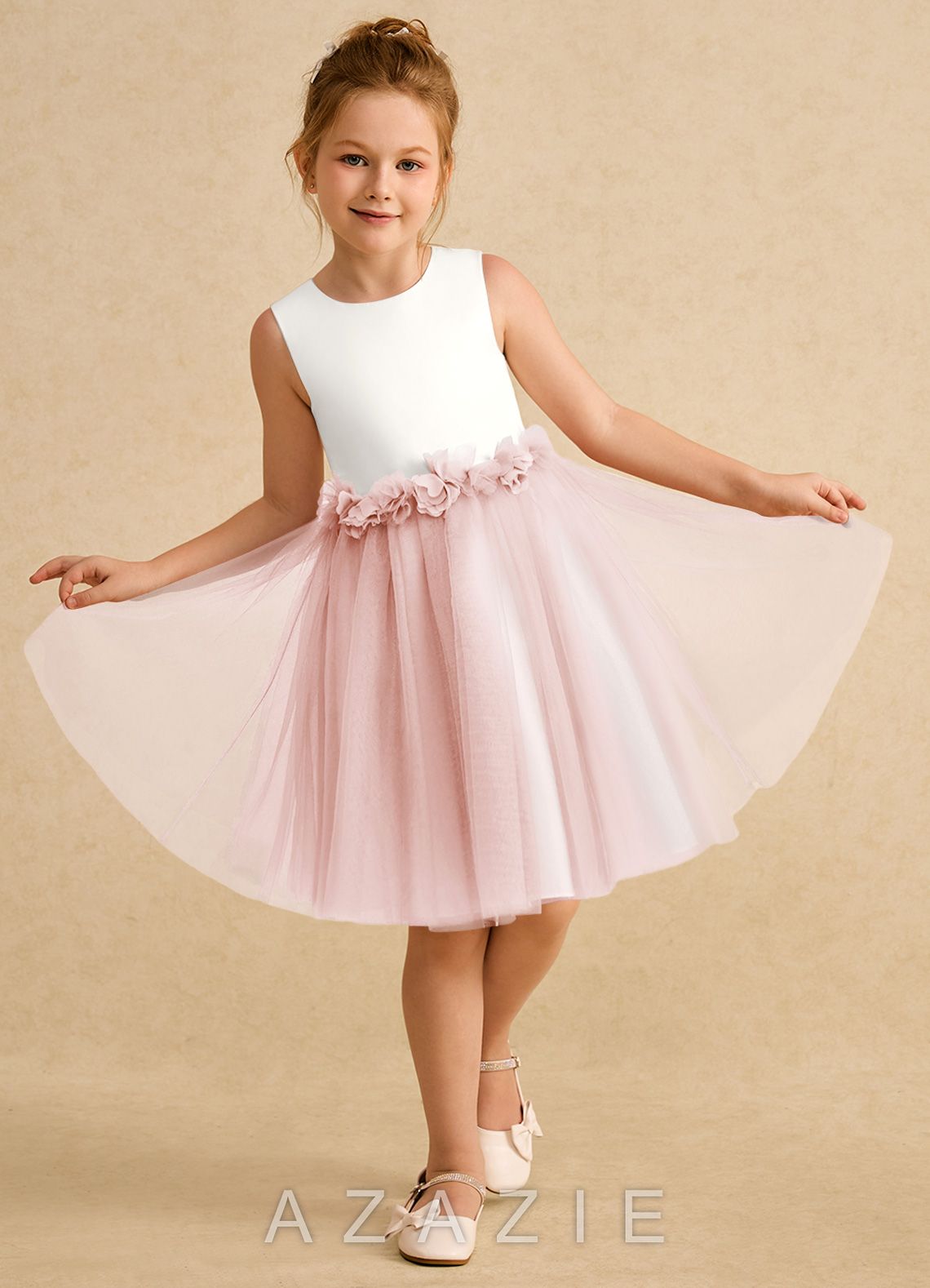 Azazie Louisa Ivory Blushing Pink A-Line Sleeveless Tulle Dress ivory/blushing_pink
