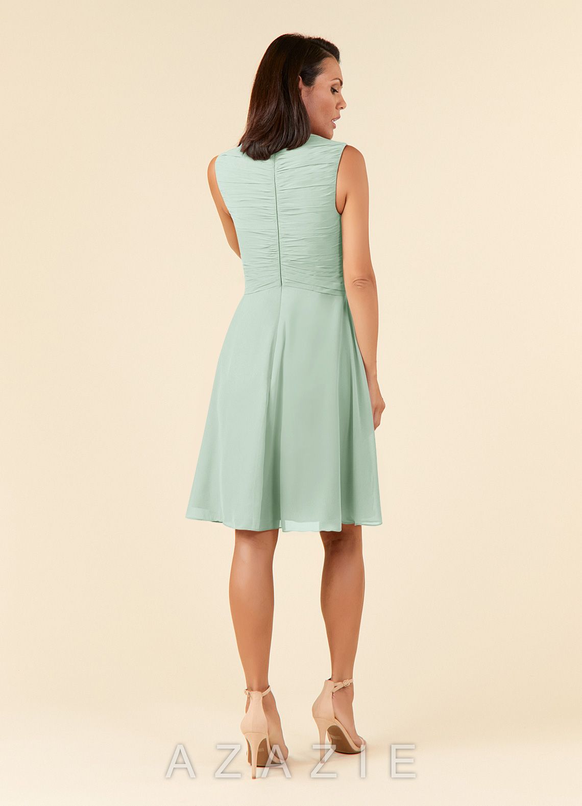 Azazie Theron Agave A-Line V-Neck Pleated Chiffon Dress agave