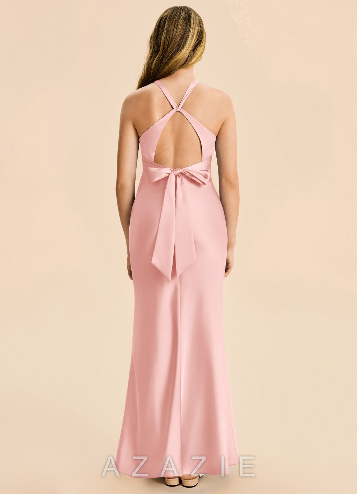 Azazie Hati Junior Powder Pink Mermaid Stretch Satin Dress powder_pink