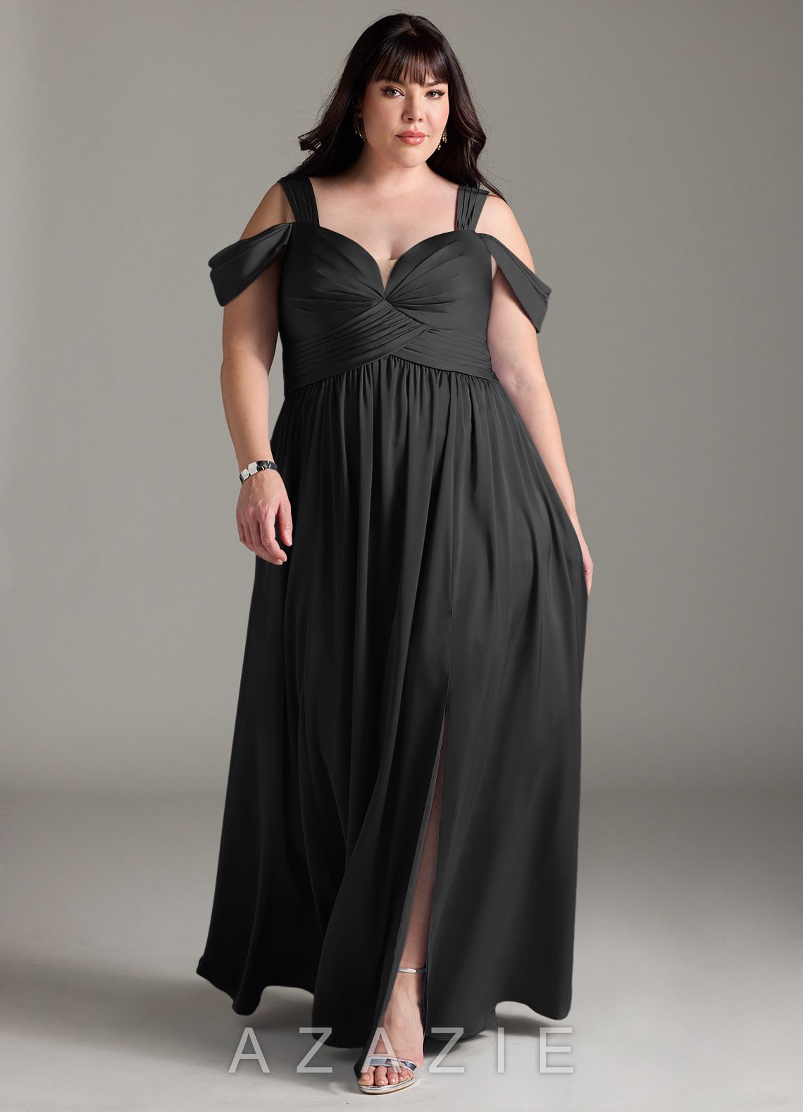 Azazie Lianne Black A-Line Off the Shoulder Stretch Satin Dress black