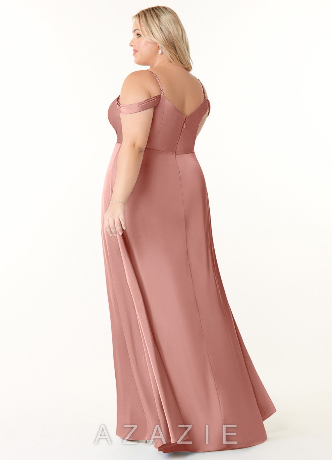 Azazie Ocean Rosette A-Line V-Neck Pleated Stretch Satin Dress rosette