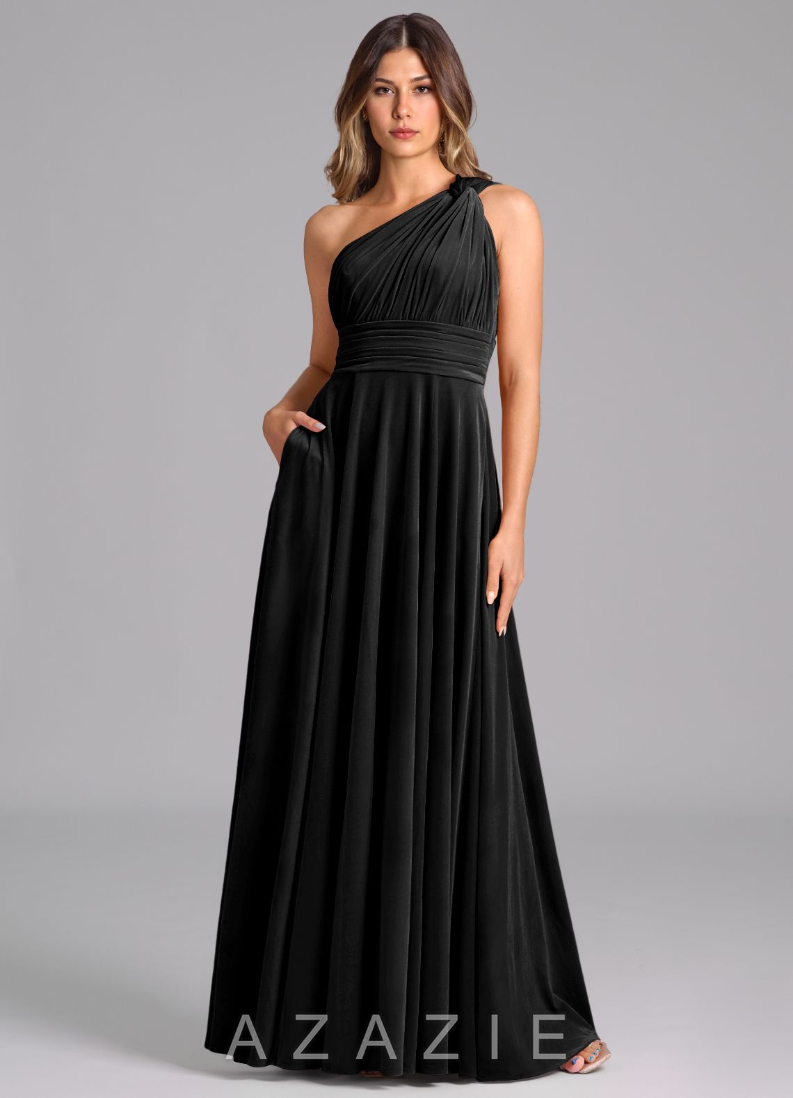 Azazie Charlize Black A-Line One Shoulder Velvet Dress