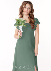 Azazie Bondi Junior Eucalyptus A-Line Bow Chiffon Dress eucalyptus