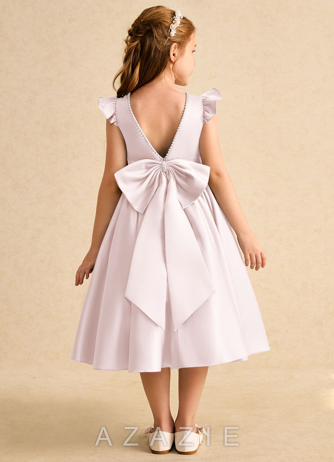 Azazie Dumpling Blushing Pink A-Line Bow Matte Satin Dress