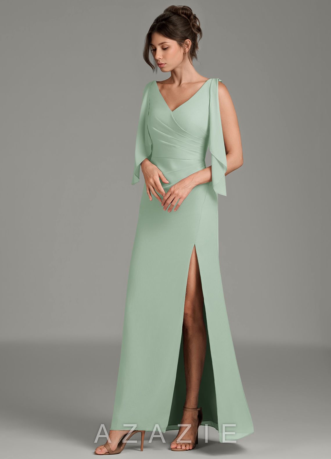 Azazie Kristen Agave Sheath Pleated Chiffon Dress agave