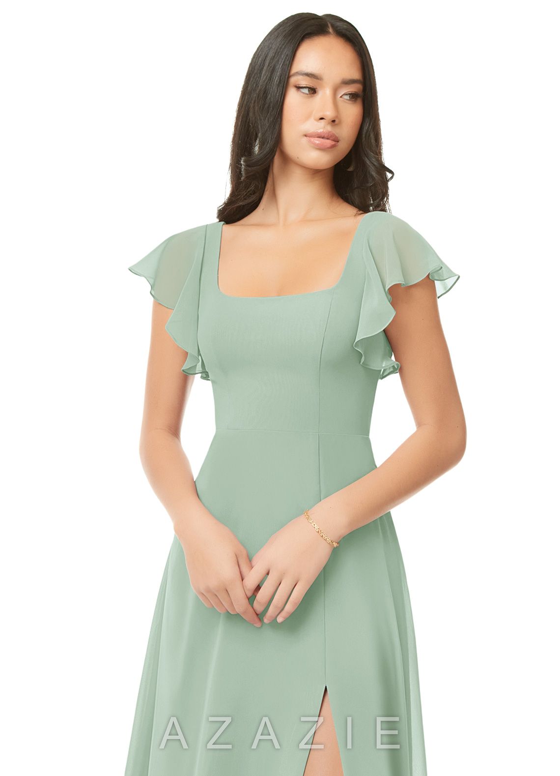 Azazie Bondi Agave A-Line Ruched Chiffon Dress agave