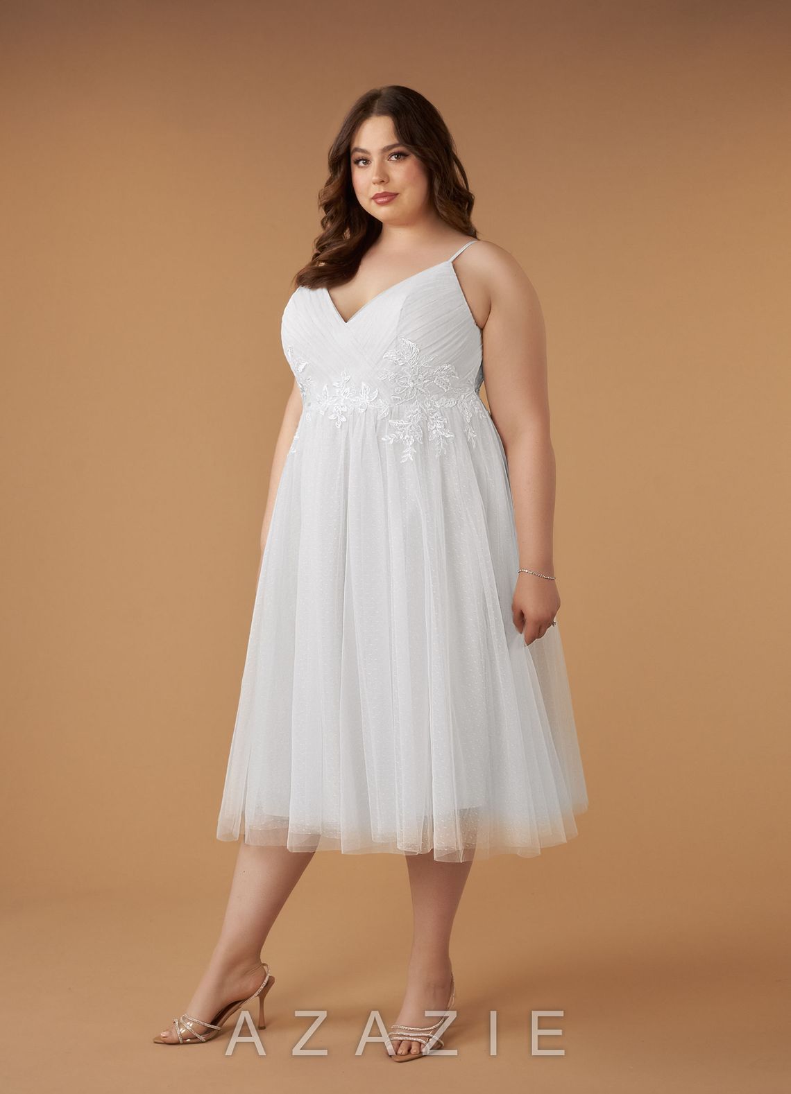 Azazie Liana Wedding Dress Diamond White A-Line V-Neck Sequins Tulle Dress diamond_white