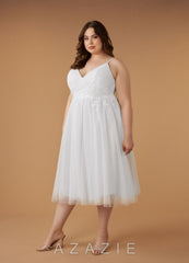 Azazie Liana Wedding Dress Diamond White A-Line V-Neck Sequins Tulle Dress diamond_white