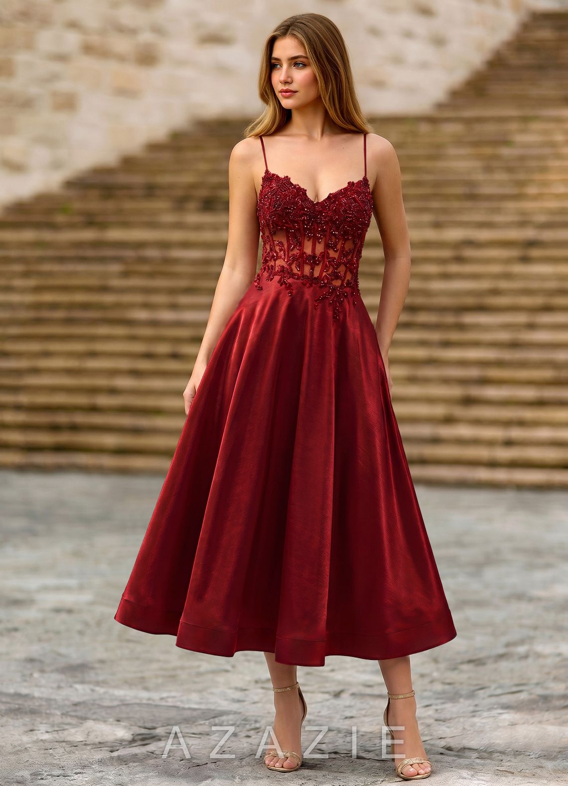 Cemtine Burgundy Lace Sequin Embroidery Satin Wedding Guest