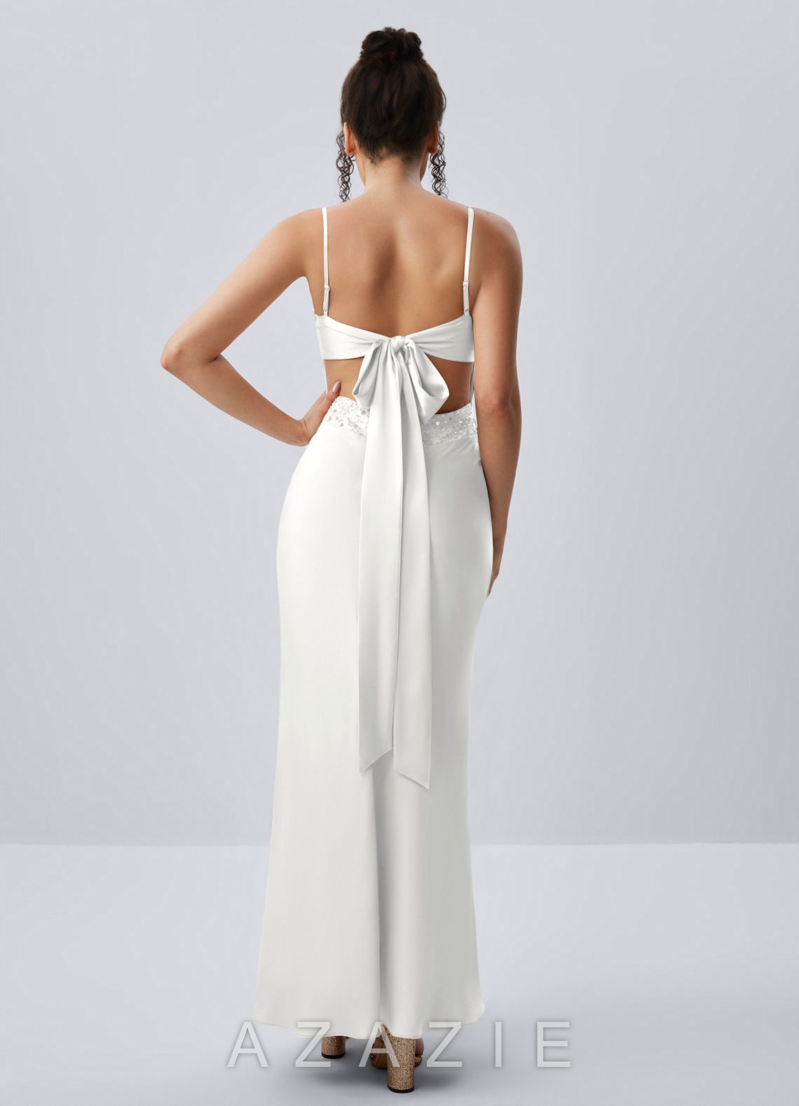 Paloma White Satin Beading Back Bow Summer Maxi Dress