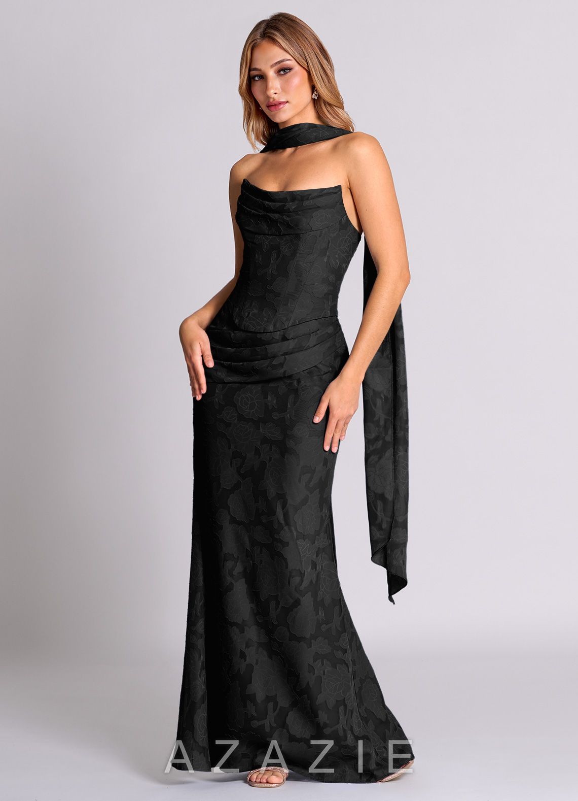 Azazie Sorrel Black Mermaid Corset Floral Burnout Convertible Dress black