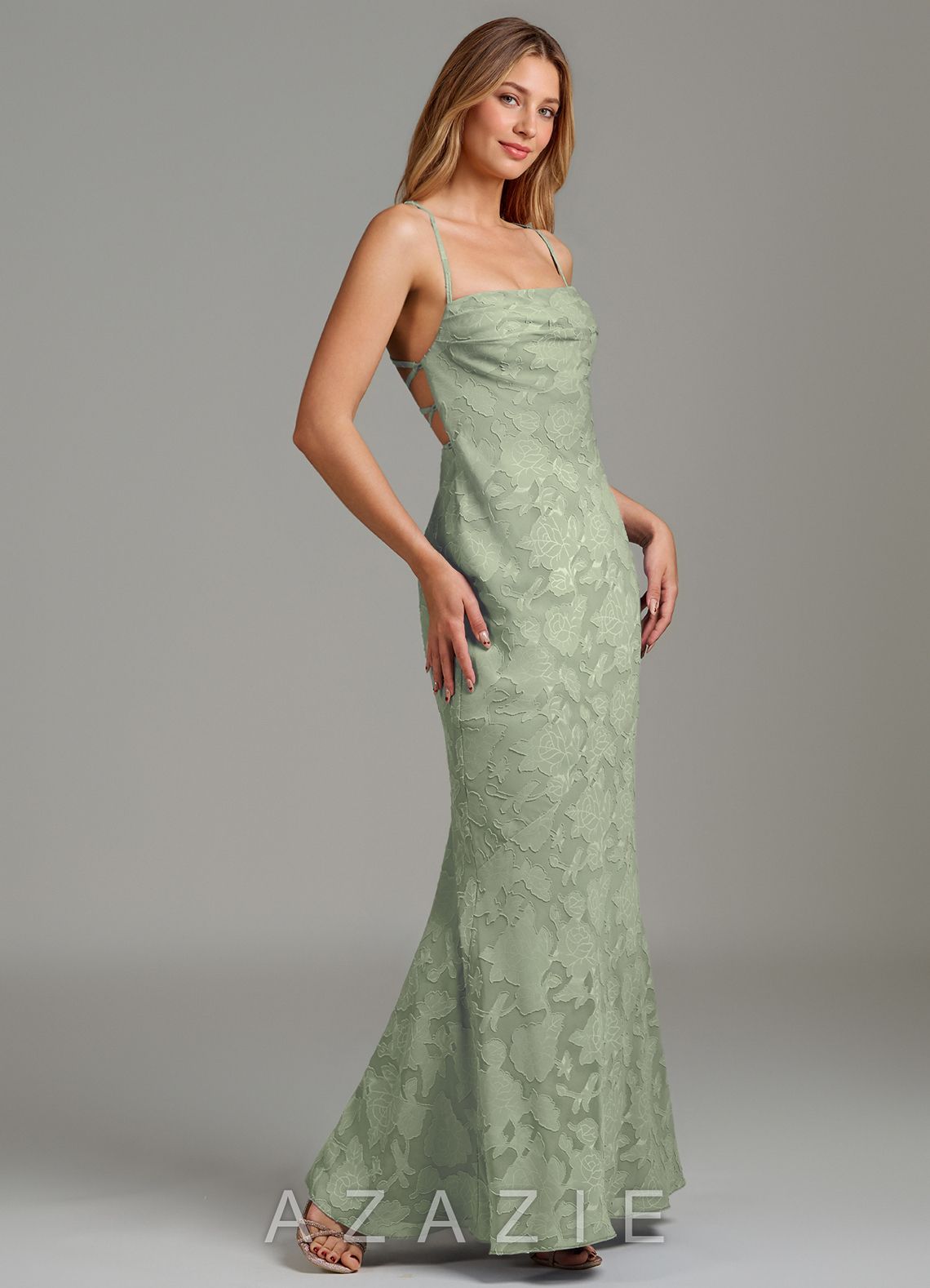 Azazie Ola Agave Mermaid Corset Floral Burnout Dress agave