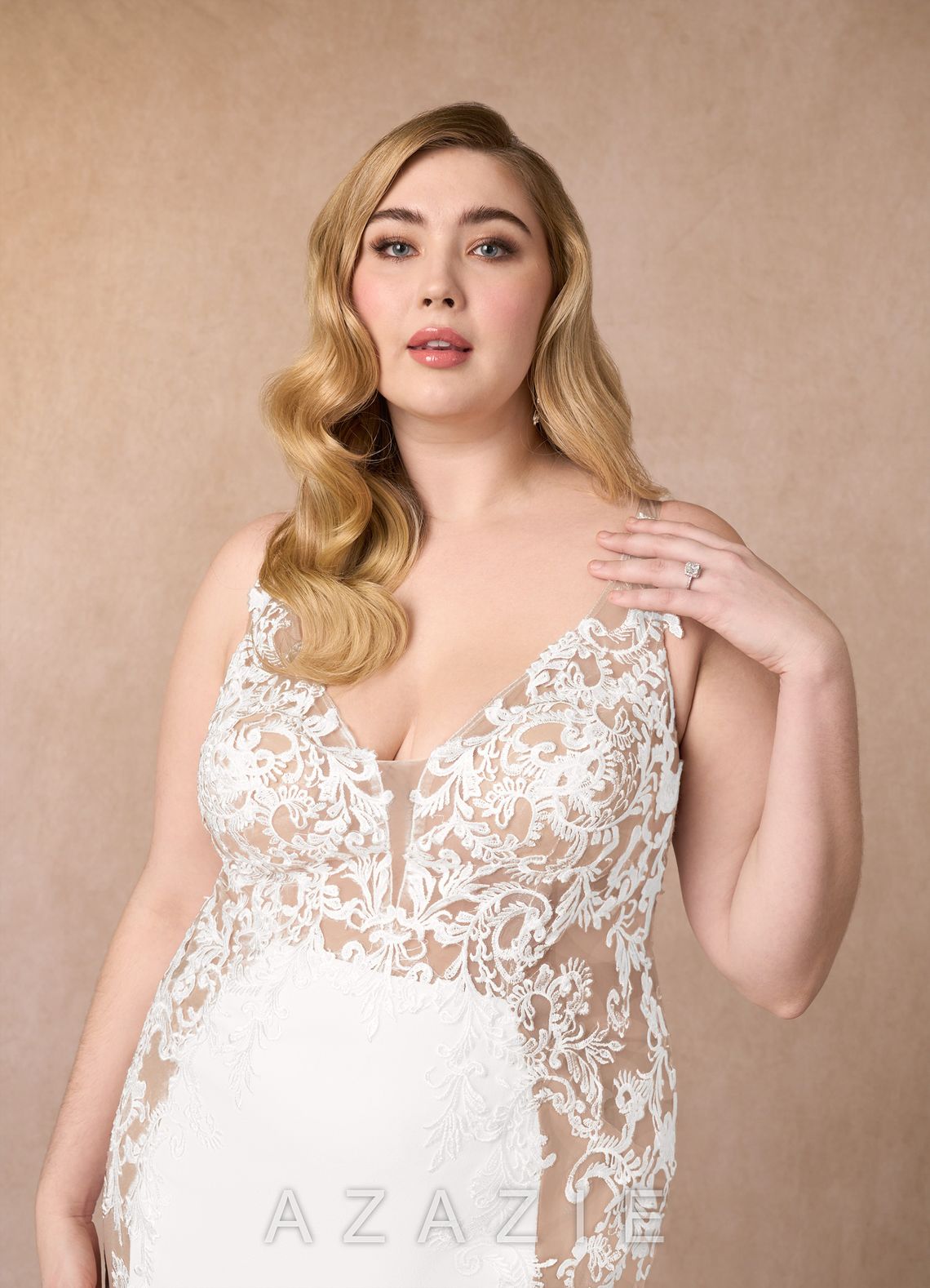 Azazie Estephanie Wedding Dress Diamond White Nude Mermaid Sequins Stretch Crepe Dress diamond_white/nude