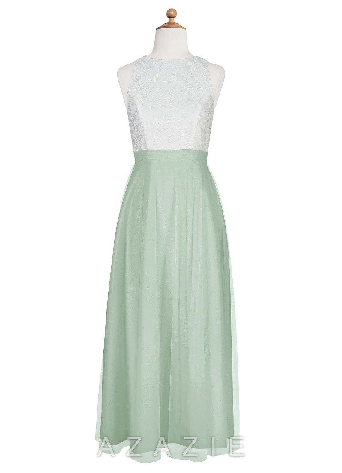 Azazie Albertine Junior Agave A-Line Lace Chiffon Dress agave