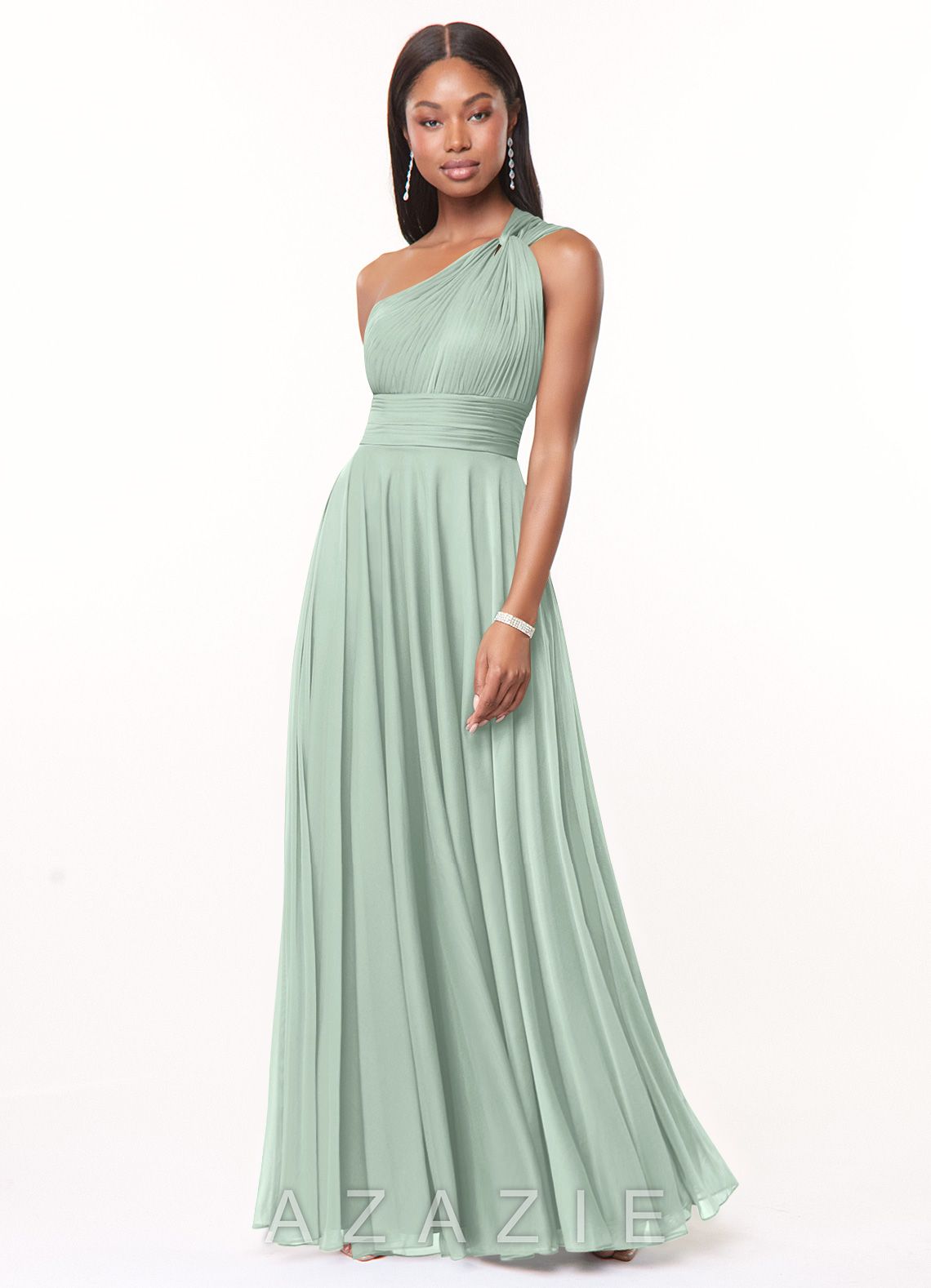 Azazie Charlize Agave A-Line One Shoulder Mesh Dress