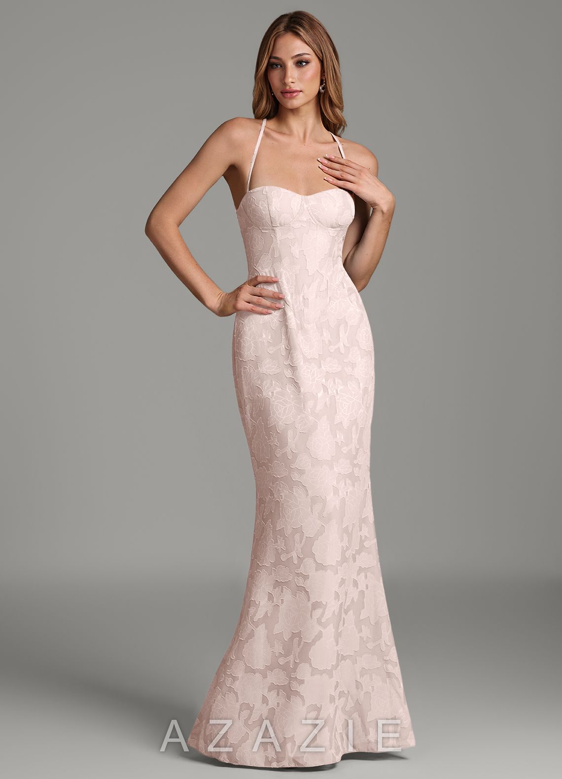 Azazie Dara Blushing Pink Mermaid Corset Floral Burnout Dress blushing_pink