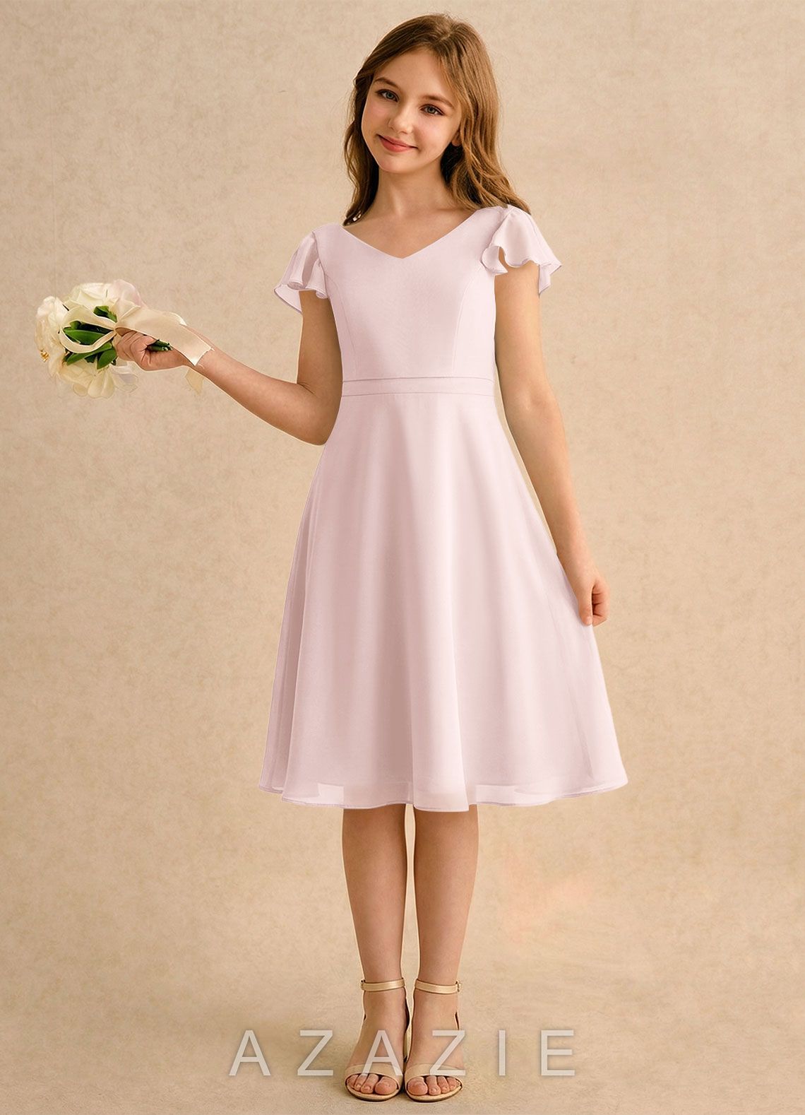 Azazie Narin Girls Formal Blushing Pink A-Line with Sleeves Chiffon Dress