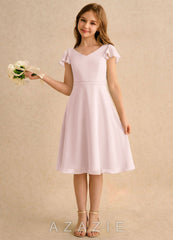 Azazie Narin Girls Formal Blushing Pink A-Line with Sleeves Chiffon Dress