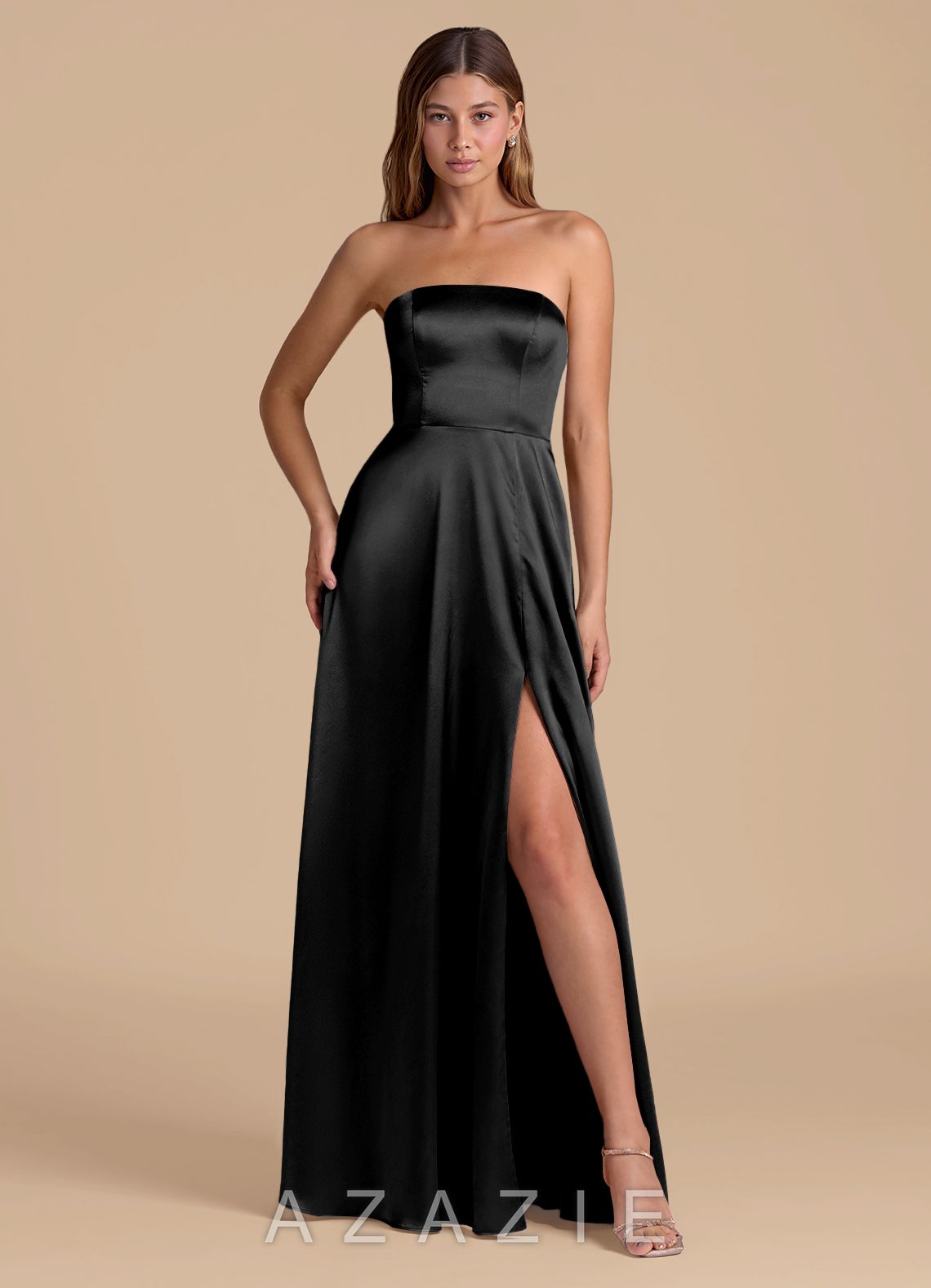 Azazie Wren Black A-Line Strapless Metallic Satin Dress black