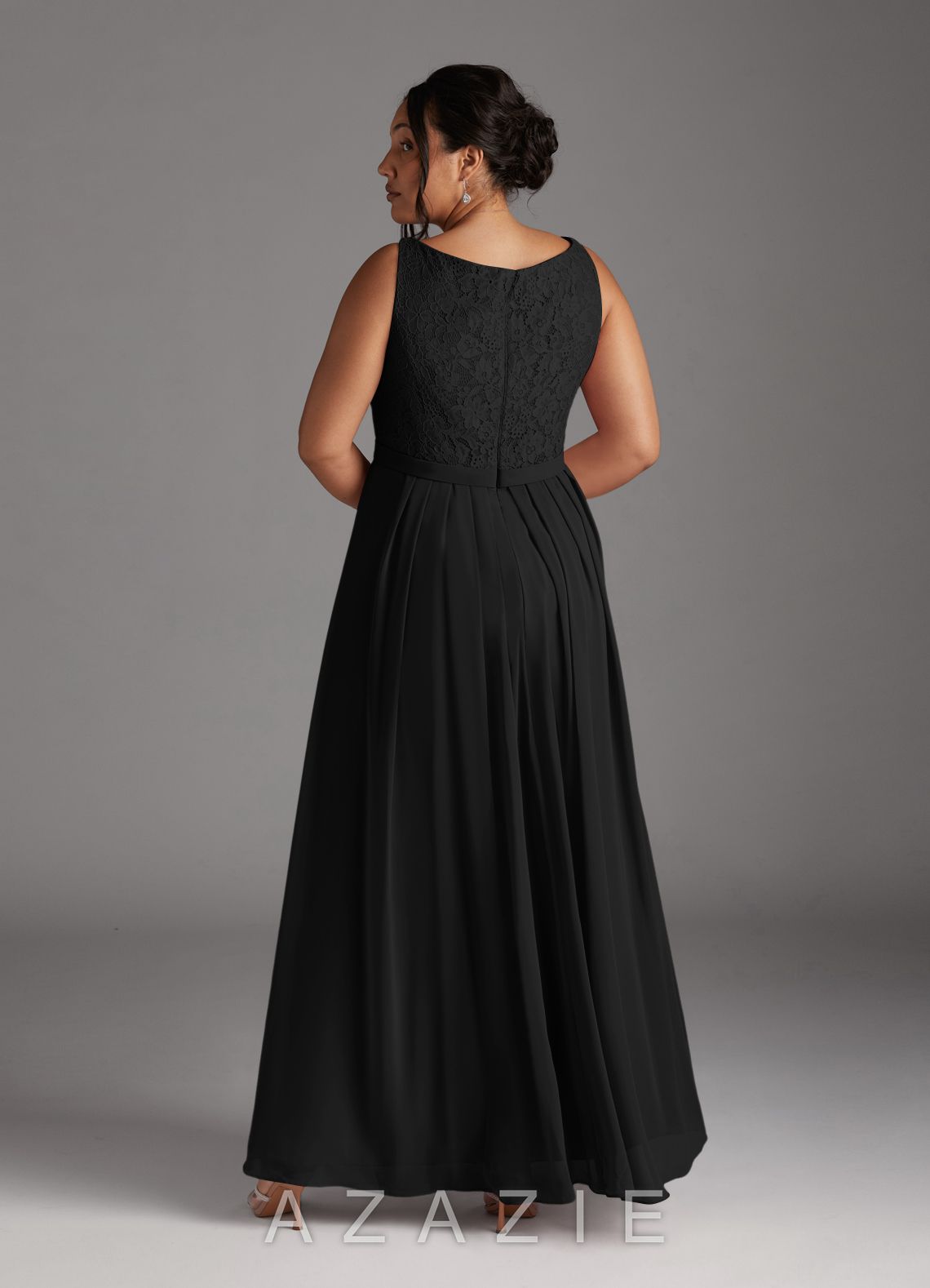 Azazie Ainsling Black A-Line Square Neckline Lace Chiffon Dress black