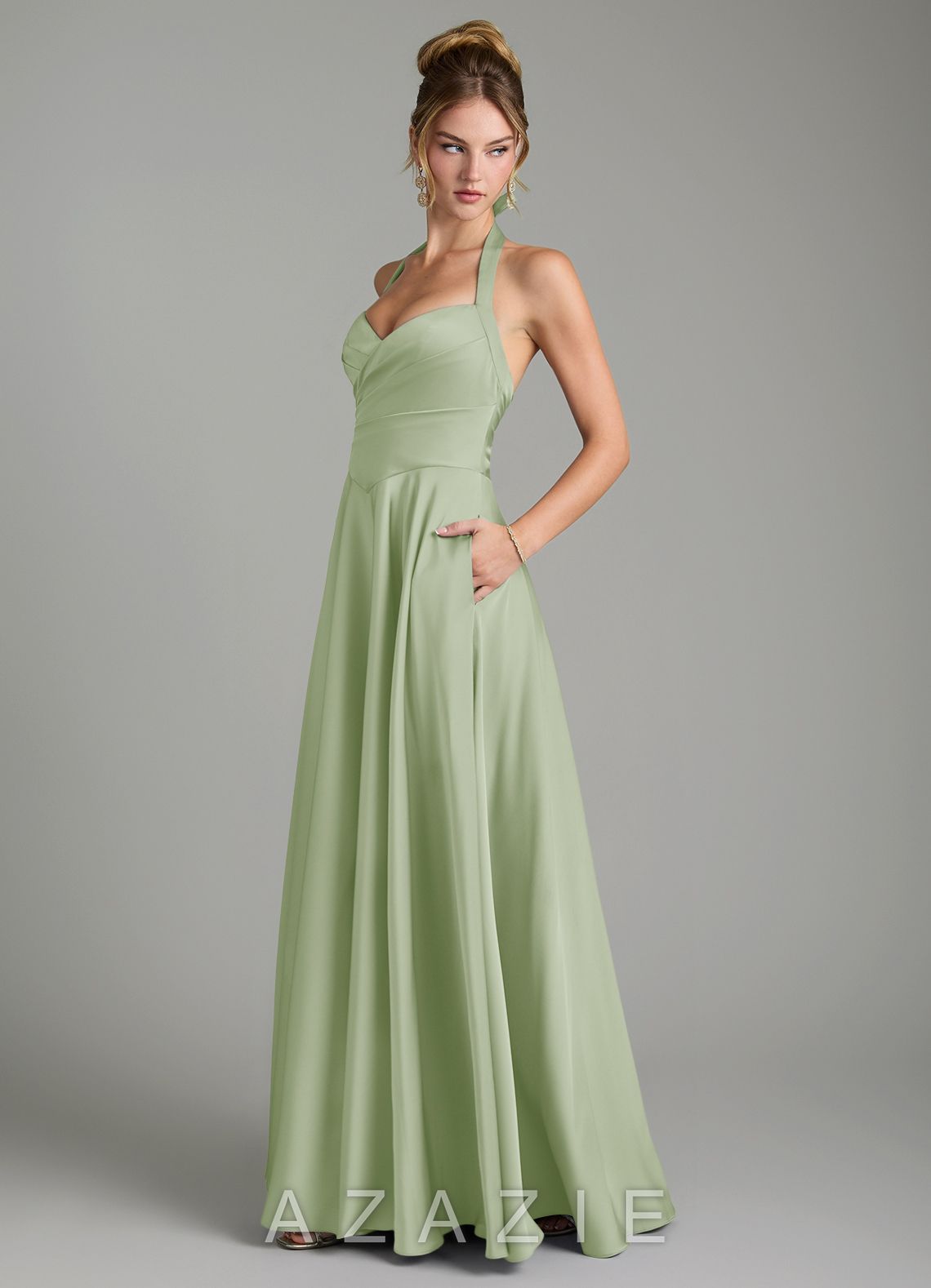 Azazie Tenaya Dusty Sage A-Line Sweetheart Neckline Stretch Satin Dress dusty_sage