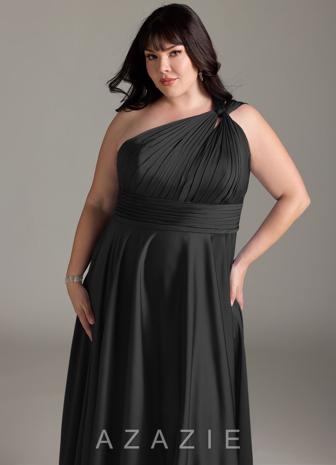 Azazie Charlize Black A-Line One Shoulder Stretch Satin Dress black