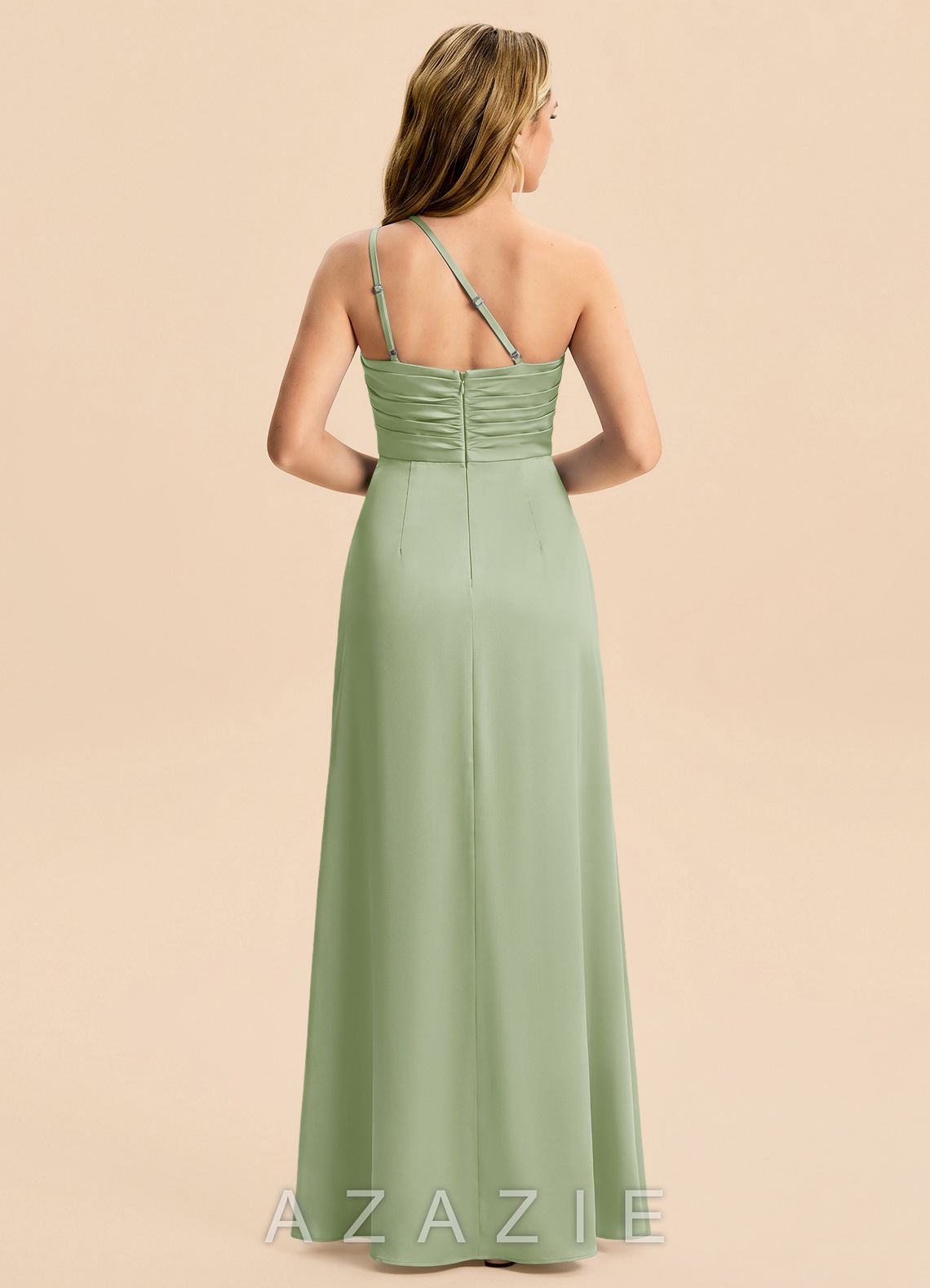 Azazie Eren Junior Dusty Sage Sheath Pleated Stretch Satin Dress dusty_sage