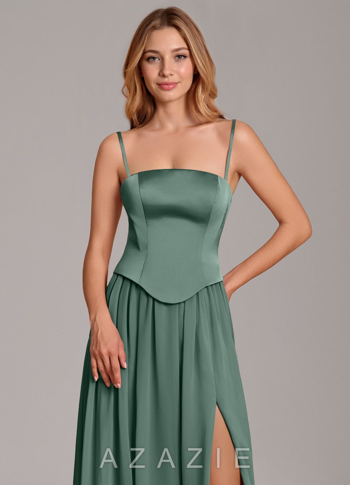 Azazie Cadence Eucalyptus A-Line Corset Stretch Satin Convertible Dress eucalyptus