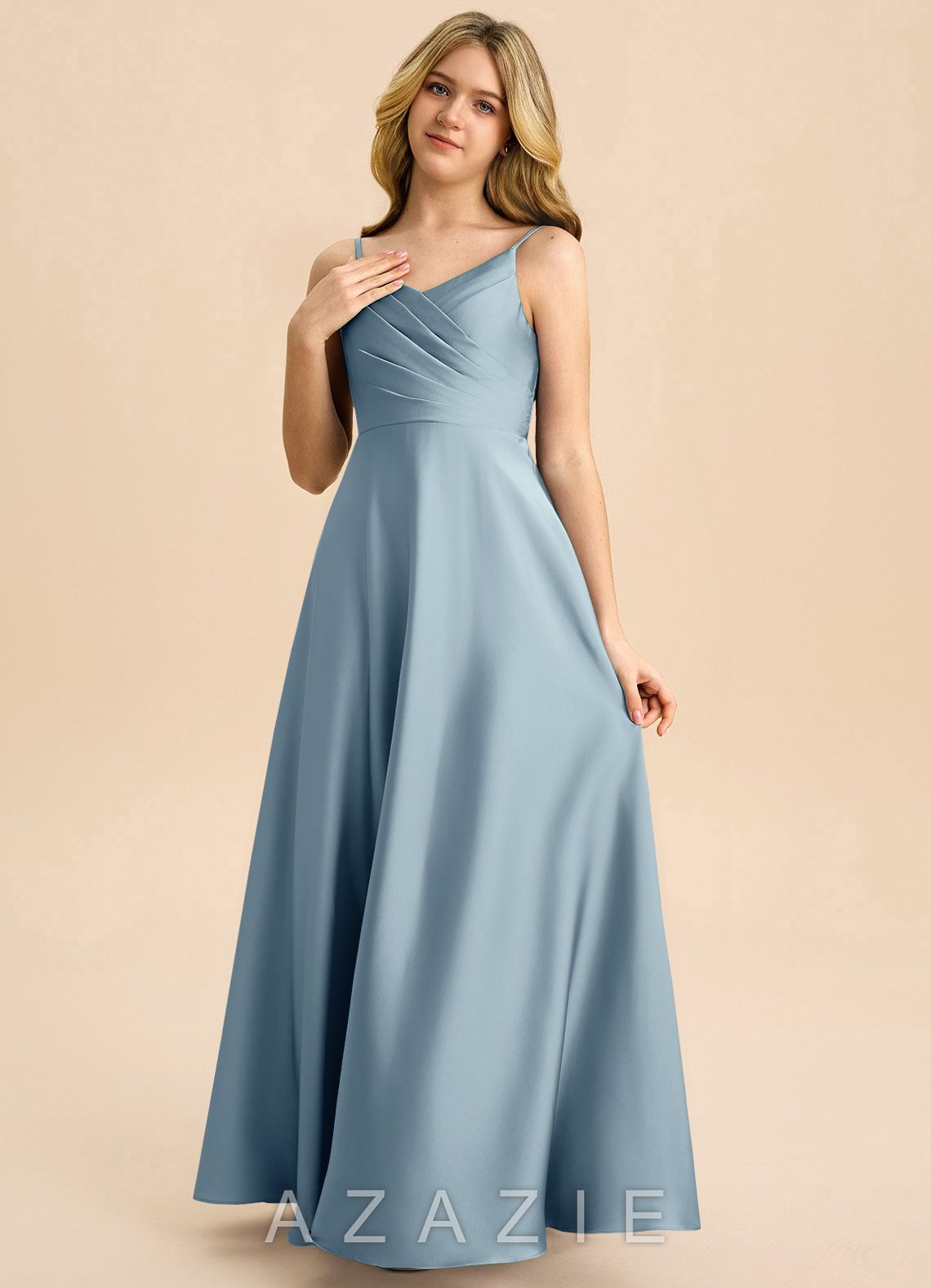 Azazie Bug Junior Dusty Blue A-Line Pleated Stretch Satin Dress dusty_blue