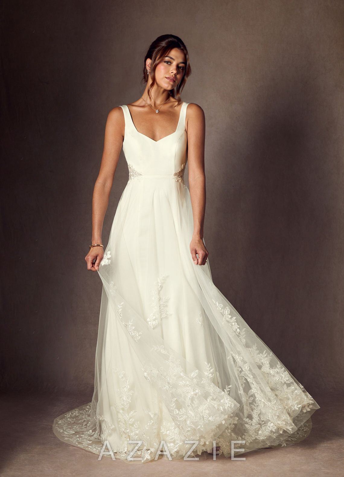 Azazie Ebony Wedding Dress Cream A-Line Sequins Crepe Back Satin Dress cream