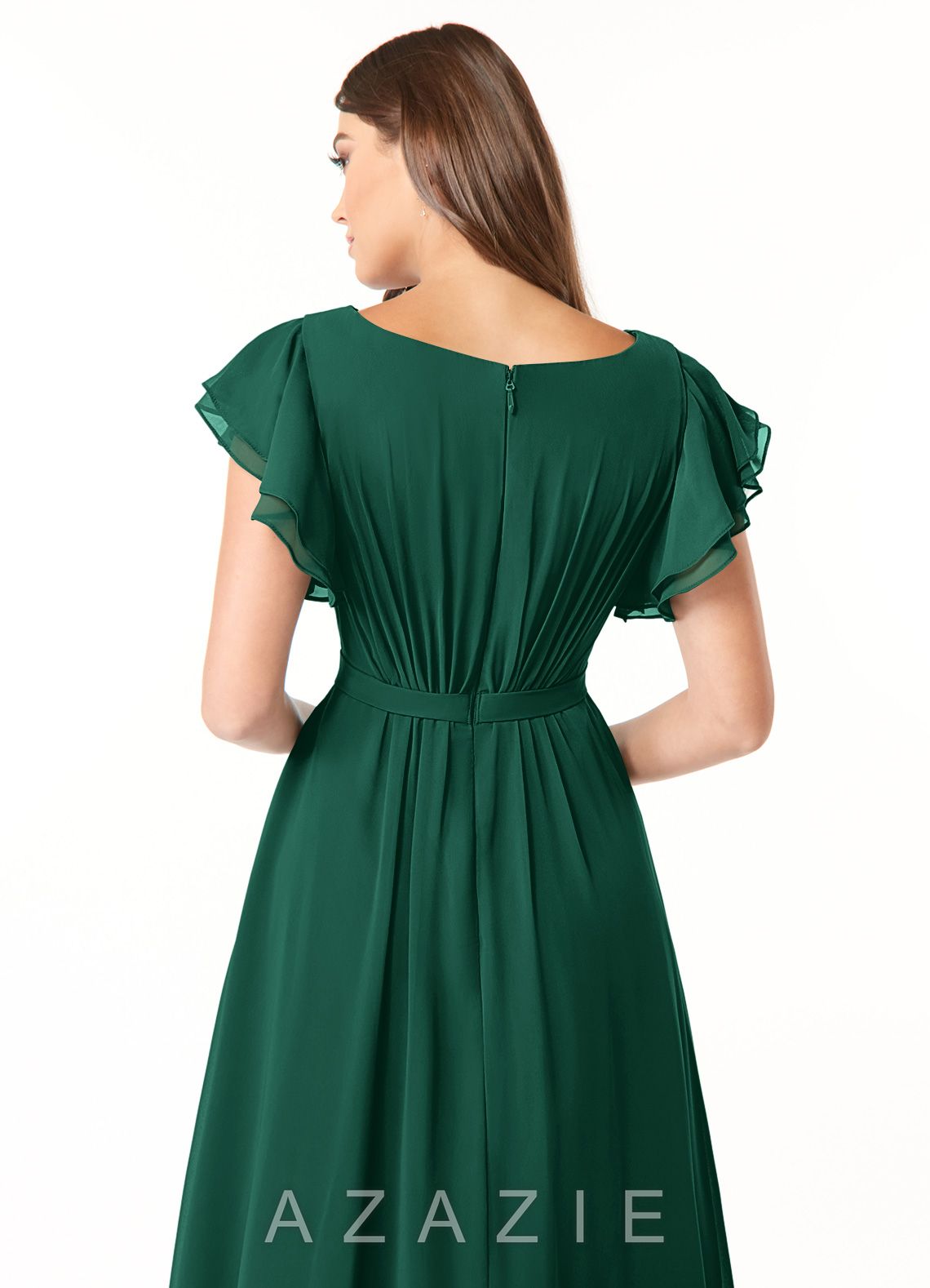 Azazie Daphne A-Line Ruffled Chiffon Floor-Length Dress emerald