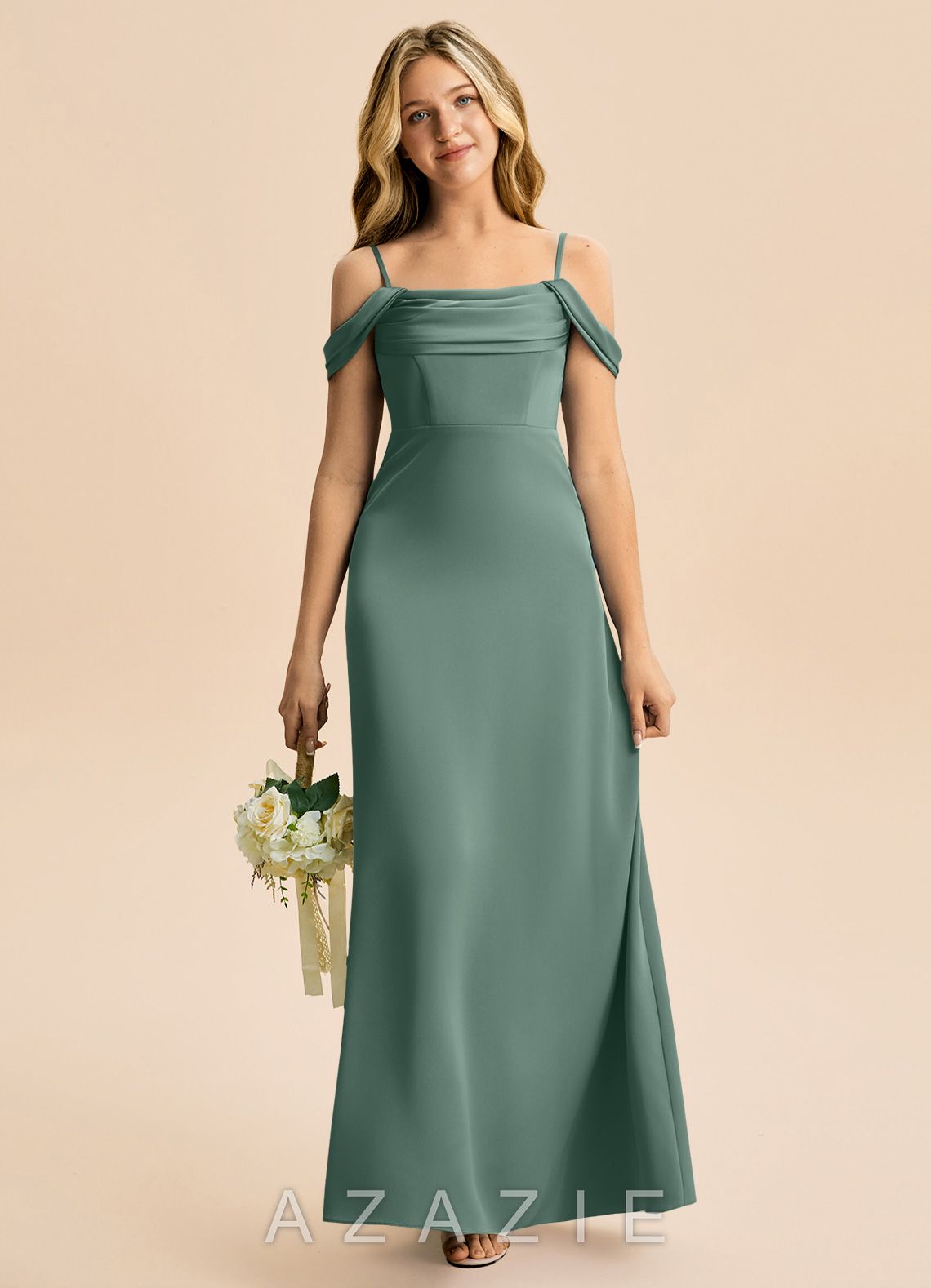 Azazie Lettie Junior Eucalyptus A-Line Off the Shoulder Stretch Satin Dress eucalyptus