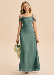 Azazie Lettie Junior Eucalyptus A-Line Off the Shoulder Stretch Satin Dress eucalyptus