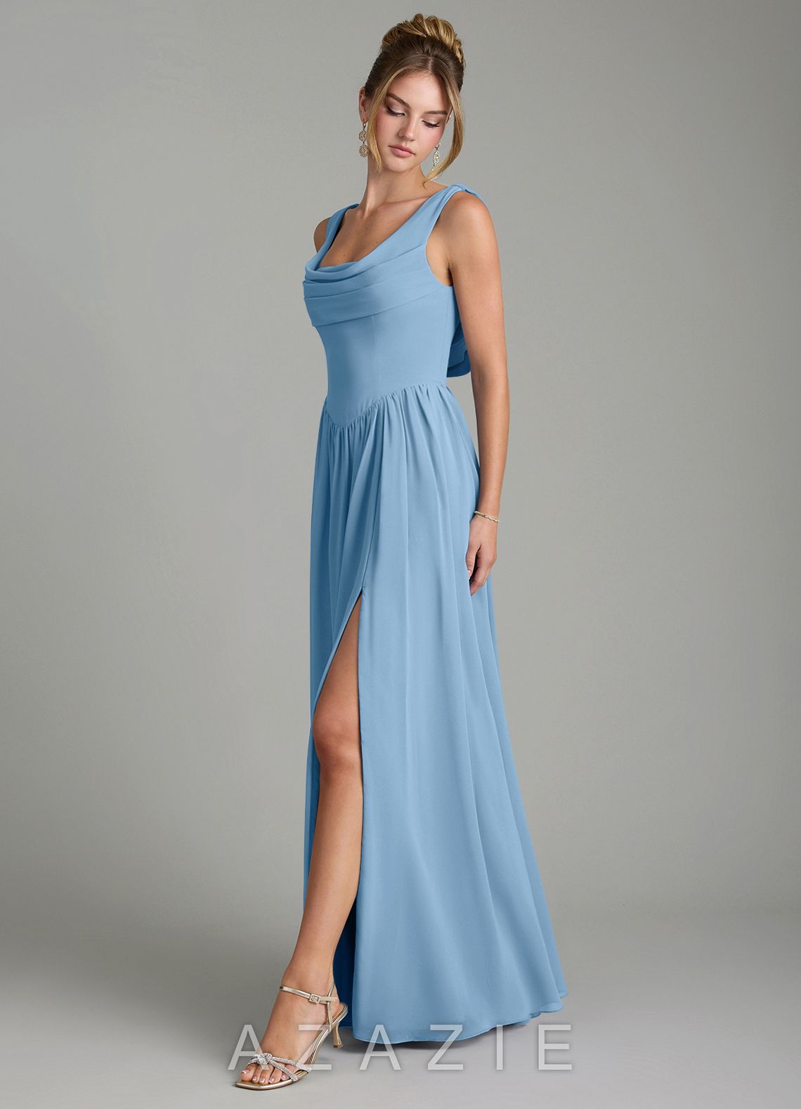 Azazie Novi Steel Blue A-Line Pleated Chiffon Dress steel_blue