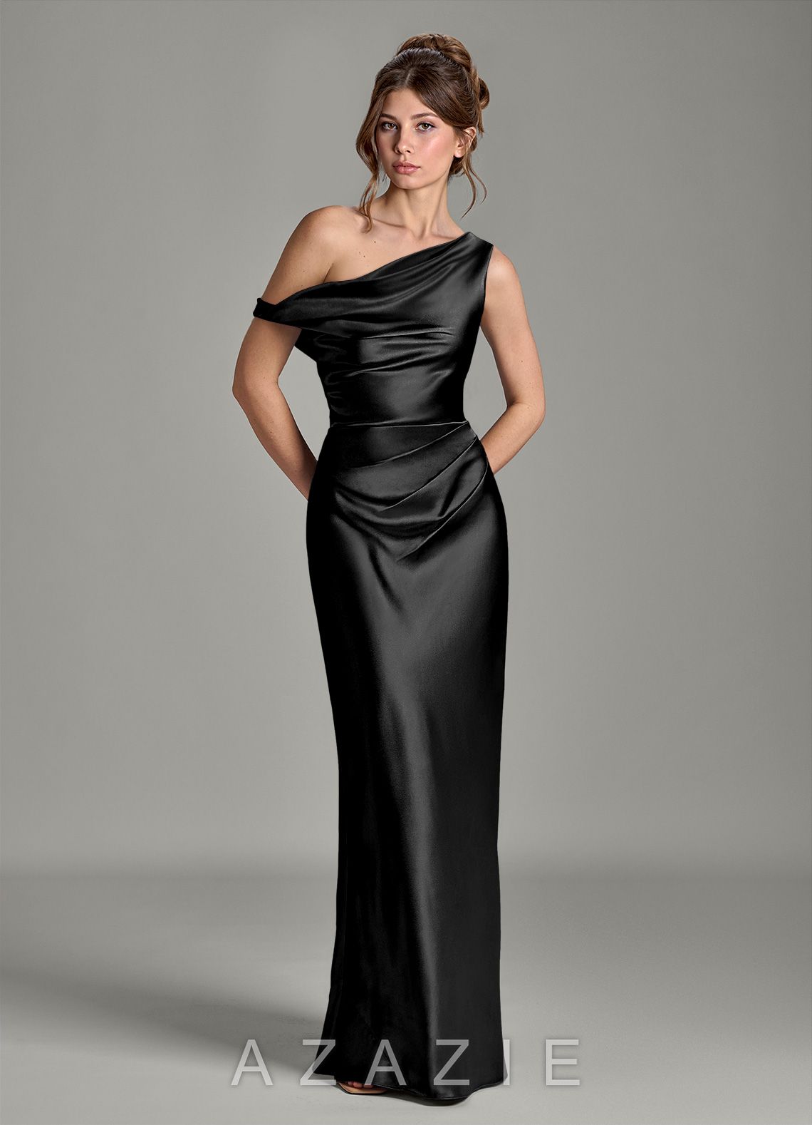 Azazie Emerson Black Mermaid Off the Shoulder Metallic Satin Dress black