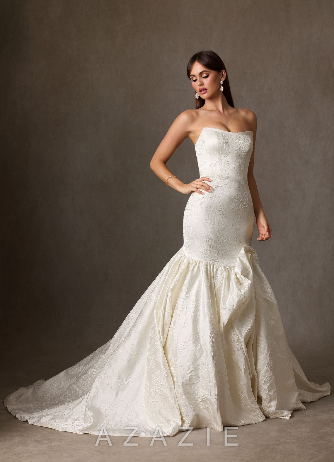 Azazie Quinta Antique White Mermaid Strapless Floral Jacquard Dress antique_white