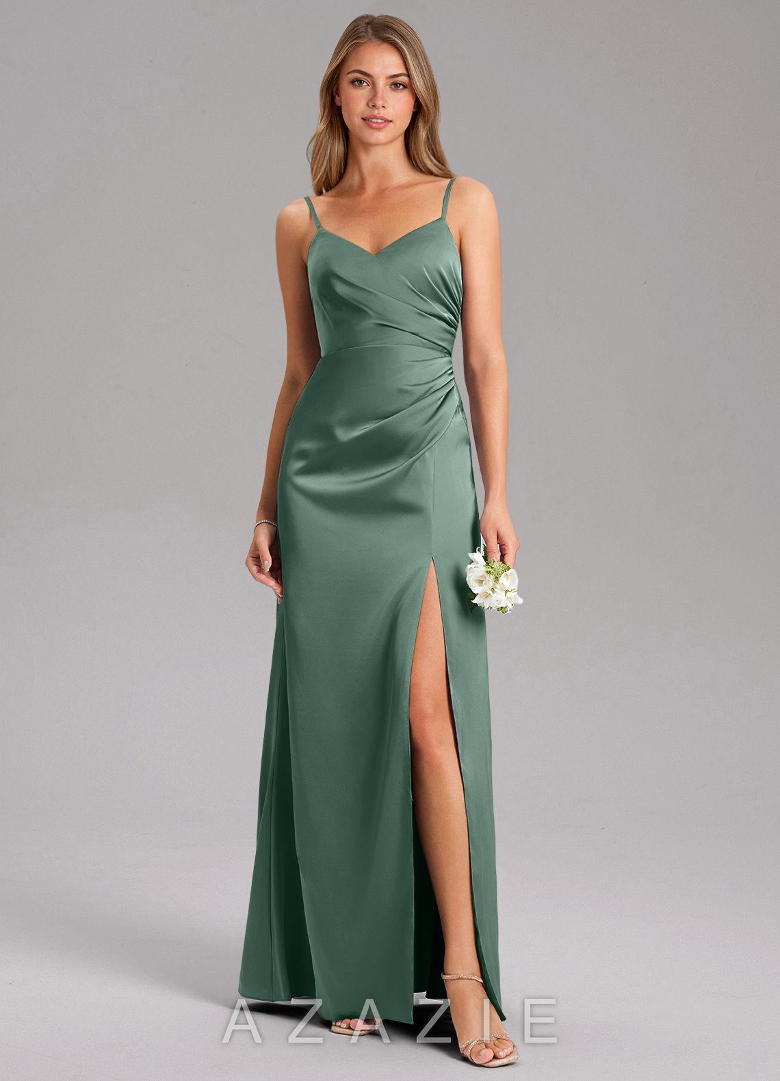 Azazie Azuree Eucalyptus A-Line Pleated Stretch Satin Dress