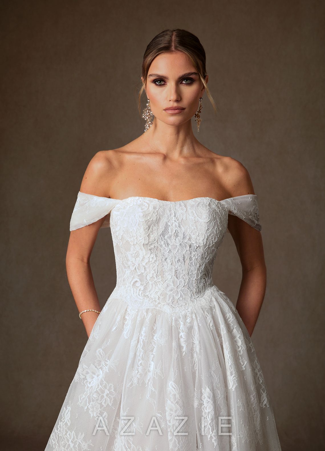 Azazie Justice Diamond White Ball-Gown Off the Shoulder Lace Dress