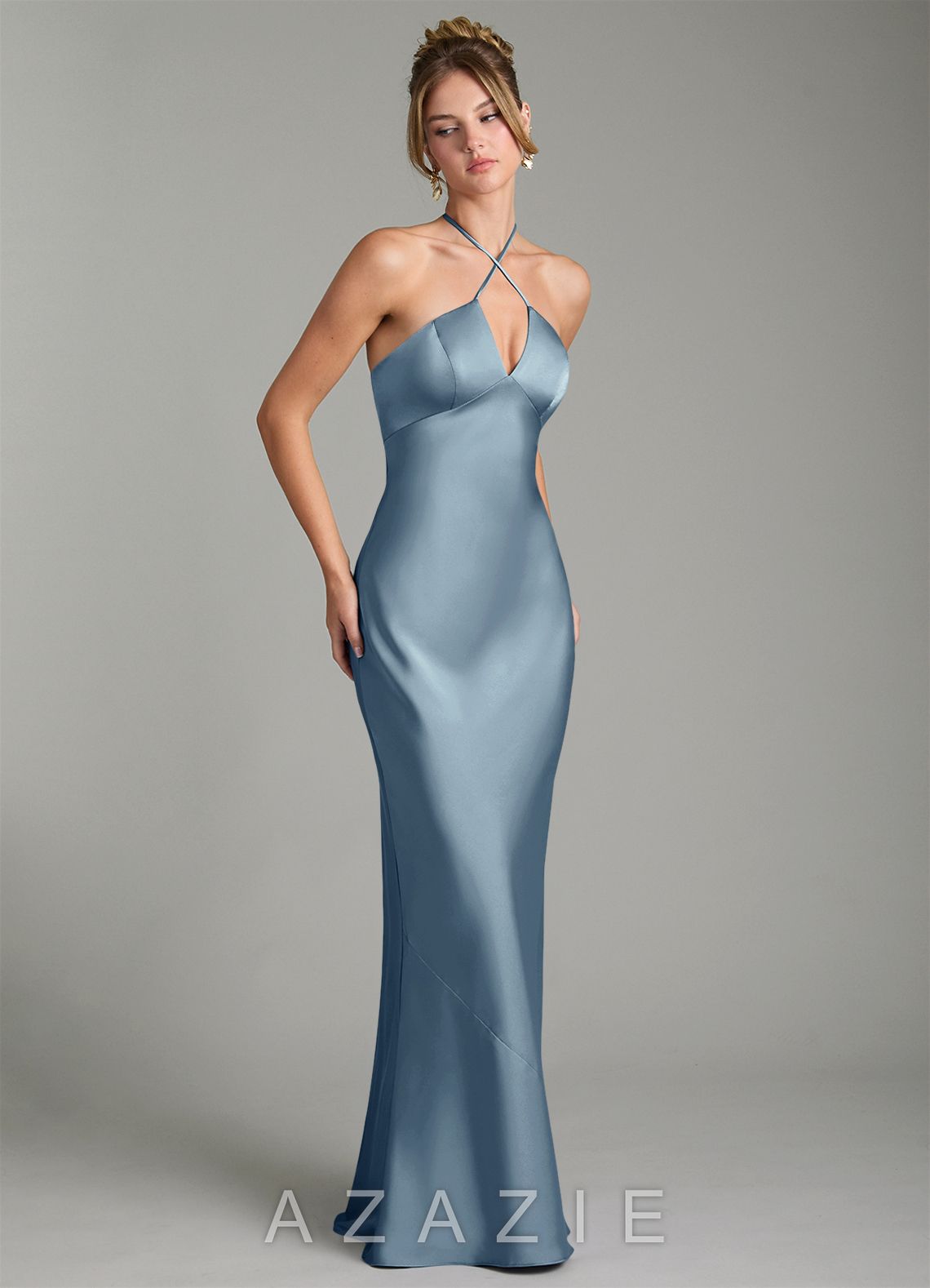 Azazie Camille Dusty Blue Sheath Side Slit Stretch Satin Dress dusty_blue