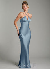 Azazie Camille Dusty Blue Sheath Side Slit Stretch Satin Dress dusty_blue