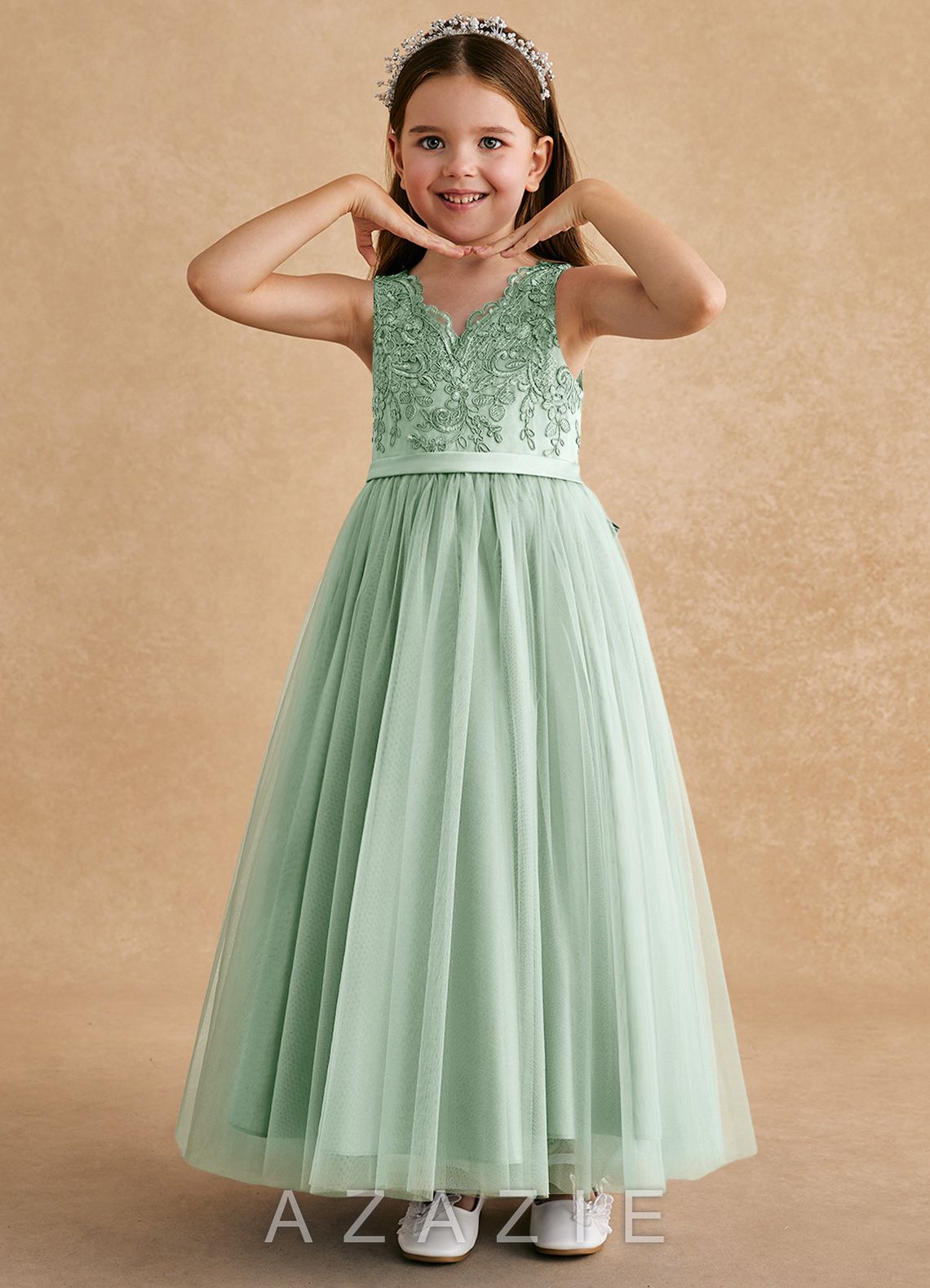 Azazie Cinna Agave A-Line Lace Tulle Dress agave